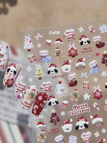 1Sheet Sweet Cartoon Christmas Nail Art Decals Santa‑Hat Animal Face Gingerbread Man Multicolor Tree Stocking Gift Box Snowflake Bow Cute Merry Christmas Design Self‑Adhesive Nail Sticker DIY Nail Decor For Christmas Gathering - Multicolor - View 3