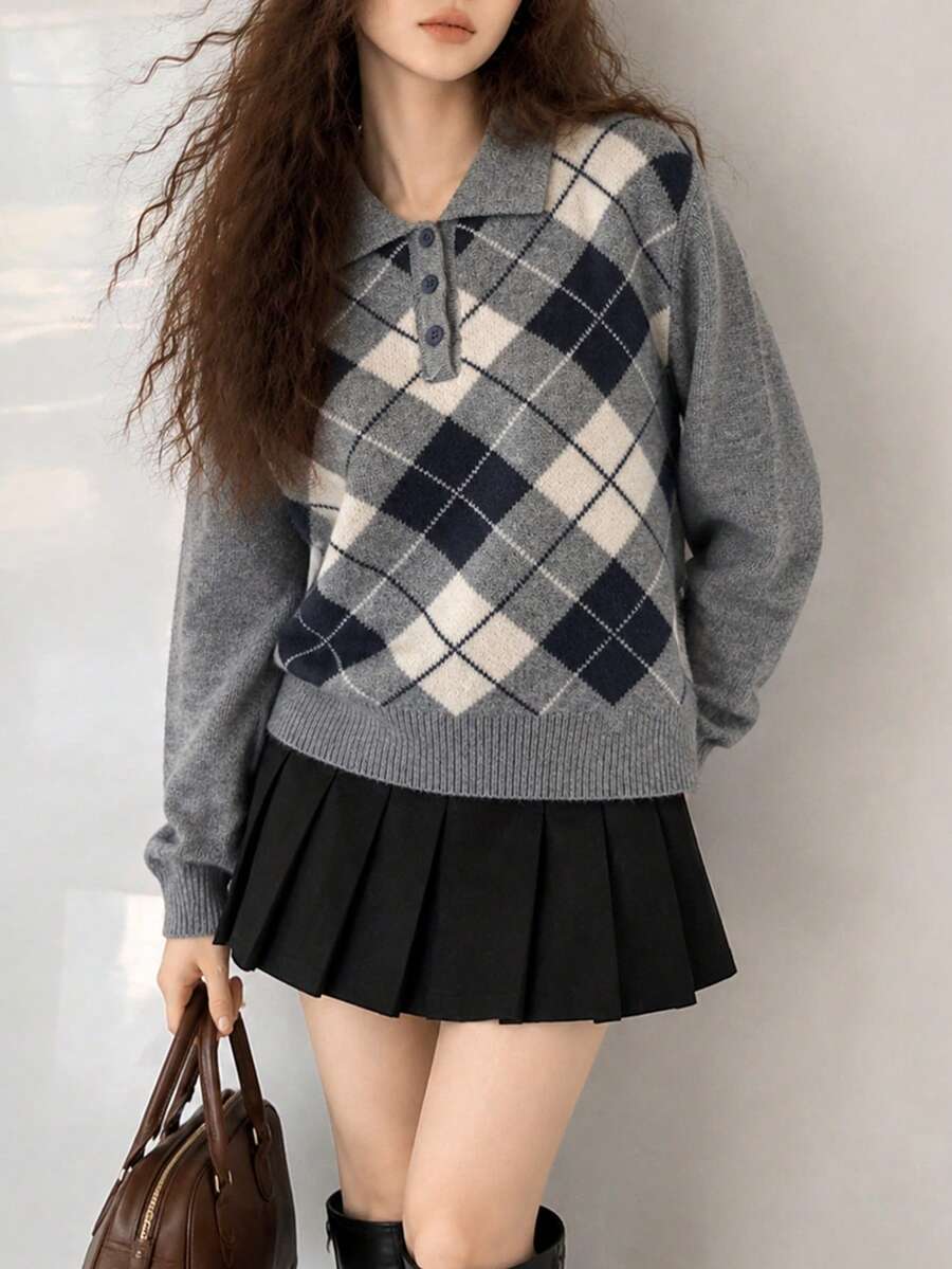Women's New Casual Preppy Argyle Knit Polo Neck Pullover Sweater, Fashion Choice For Autumn/Winter - Grey - View 1