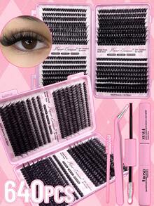 640pcs DCurl Natural Eyelash Clusters, 10D-100D Mixed Density, Large Capacity Cartoon Style And Classic Eyelashes, Long-Lasting And Suitable For Beginners, Complete Set With Glue, Tweezers And Brush, Suitable For Daily Makeup, Party, Wedding, Christmas And Music Festival - Pink - View 6