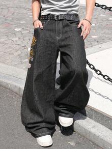 LIYS Men's Baggy Wide Leg Jeans Vintage Black Denim With Colorful Floral Embroidery - Black - View 2