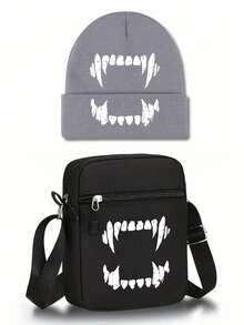 1pc/2pcs Halloween Vampire Teeth Print Knit Beanie Hat & Crossbody Bag Set, Unisex Printed Fall Winter Streetwear Accessories For Men Women - Multicolor - View 6