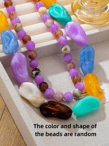 OABE 2pcs/Set Bohemian Style Handmade Mixed Color Asymmetric Beaded Necklace With Round Beads, Suitable For Women's Daily Wear, Random Bead Colors - Multicolor - View 2