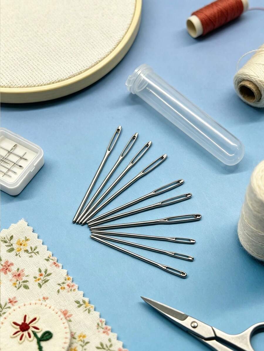 9pcs Large Eye Tip Hand Sewing Needles, Mixed Sizes 5.2cm, 6cm, 7cm, With Storage Tube, Round Needle Head, Easy Threading, Practical Tool For Hand Sewing, Knitting Finishing, Embroidery Projects - Needle - View 1