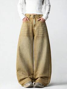 1件女款美式街頭風刺繡寬鬆舒適寬腿牛仔長褲，時尚四季皆宜（本產品不含腰帶/配件） - 卡其色 - 查看 3