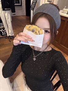 韓式極簡性感白色水鑽針織長袖女款秋冬毛衣，百搭優雅高端針織上衣 - 黑色 - 查看 4