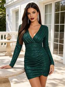 Joyfunear Women's Pleated Deep V-Neck Sequin Bodycon Dress - Dark Green - View 4