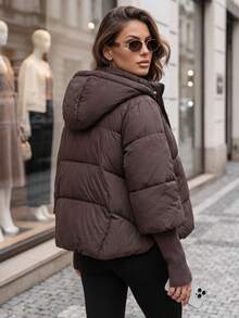 Women's Quilted Puffer Jacket, Detachable Hood, Knit Cuffs, Zip Front, Relaxed Fit - Coffee Brown - View 2