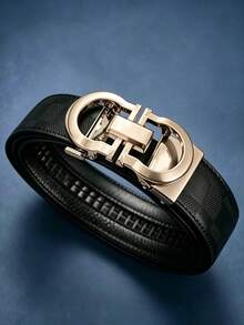 1pc Fashion Classic Men's Business Automatic Buckle Belt, Hollow Letter Alloy Buckle PU Leather Strap, Durable Wear-Resistant Rust-Proof, Supports Free Length Trimming, Suitable For Daily Work Accessory - Multicolor - View 8