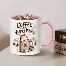 Cat Coffee Lover Coffee Mug, Coffee Is My Happy Place Cute Kitten Graphic Ceramic Cup, Novelty Gift For Cat Enthusiast Coffee Addict Birthday Holiday Present - Multicolor - View 13