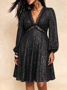 Women's Plus Size Black Silver Glitter Party Dress - Black - View 1