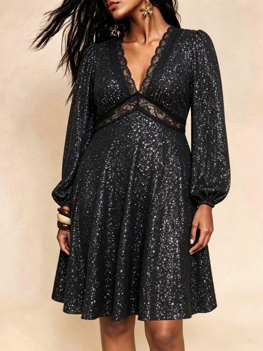 Women's Plus Size Black Silver Glitter Party Dress - Black - View 1
