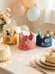 1pc Customized Name Birthday Crown Hat, Reusable Fabric Party Crown With Number Badge, Pom Pom Decoration Adjustable Birthday Party Hat, Suitable For Toddler Children Birthday Celebration, Holiday And Daily Photo Prop Gift - Multicolor - View 3