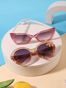 1 Set 2pcs Kids 3-8 Years Old Cat Eye & Round Frame PC Glasses, Fashionable Glasses With Sequin Bow Decor, Suitable For Party And Outdoor Wear, With Glasses Case - Multicolor - View 3