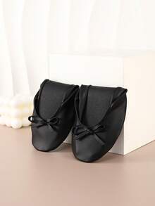 Women's Black Pointed Toe Ballet Flats With Bow, Comfortable Foldable Office Shoes With Shoe Bag - Black - View 4