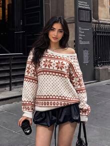 Women's Casual Fashion Asymmetrical Shoulder Knit Sweatshirt, Fair Isle, Autumn/Winter - Orange + Apricot - View 2