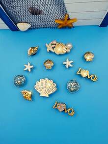 12件裝金色海洋系列鞋飾（海星、貝殼），適用於涼鞋、拖鞋、沙灘鞋、園藝鞋等，DIY可拆卸鞋子裝飾，生日派對與節日的完美禮物 - 金色 - 查看 6