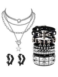 6Pcs Goth Punk Faux Leather Set, Skull Star Rivet Bracelets, Multi‑Layer Star OT Chain Necklaces & Spike Earrings, All‑Season Edgy Women Accessories - Multicolor - View 6