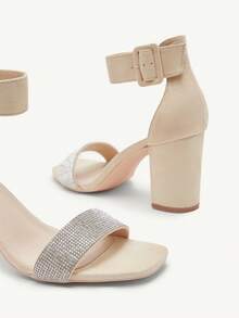 Rhinestone Block Heel Sandals For Women, Ankle Strap Open Toe High Heels, Formal Party Office Footwear - Apricot - View 2