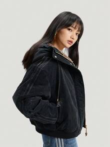 Adidas Originals Women's Patchwork Fur Collar Zip-Up Hooded Sporty Winter Coat - Black - View 3