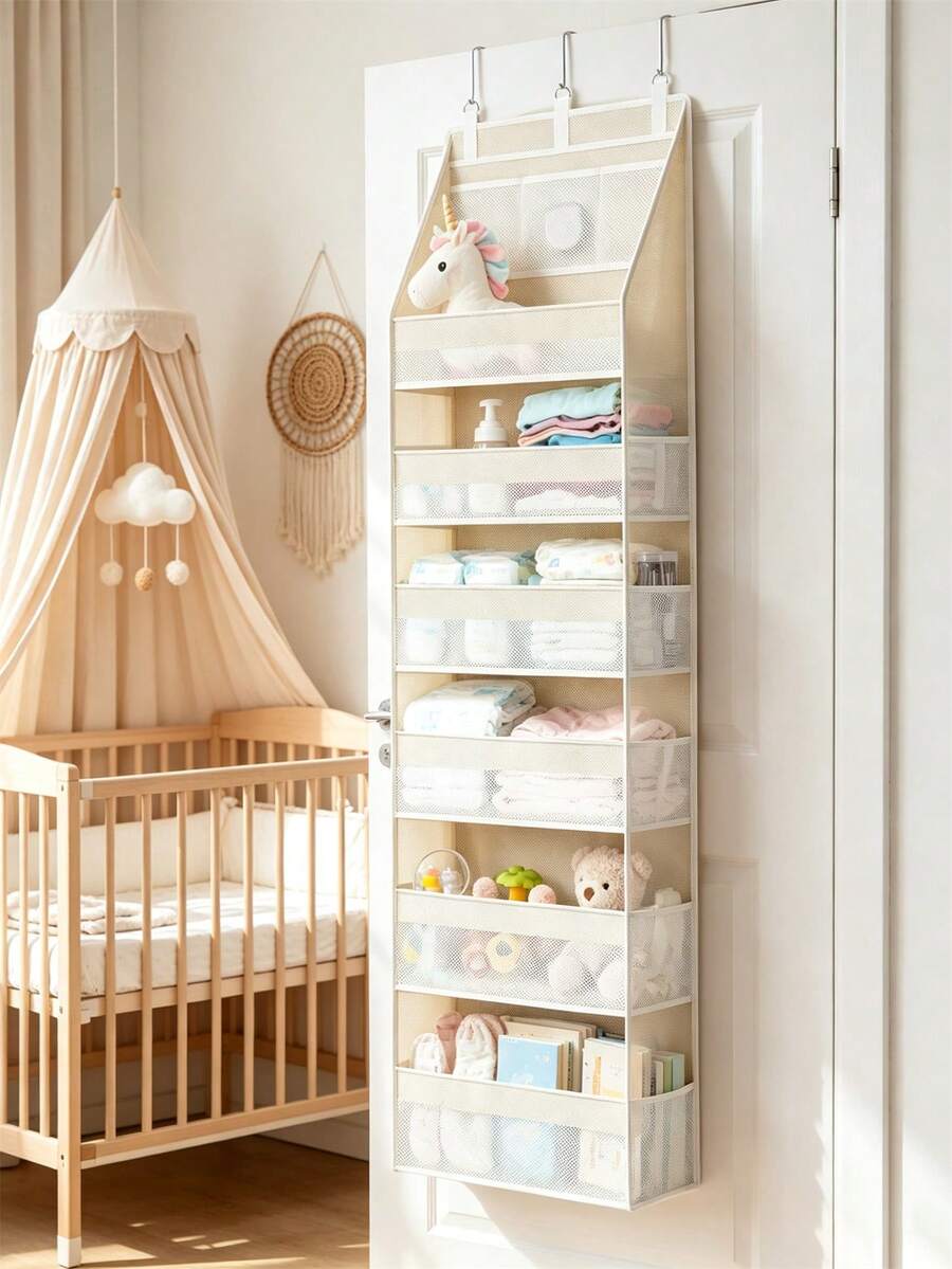 1pc Over-The-Door Hanging Storage Organizer, 6-Tier 13-Pocket Mesh Hanging Rack, Baby Room Decor And Storage, Suitable For Baby Bedroom And Playroom Storage - Multicolor - View 1