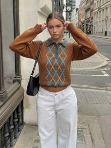 Women's Argyle Pattern 2 In 1 Collar Knit Sweater, Long Sleeve Button Placket Preppy Pullover - Brown - View 8