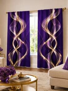 2pcs, Polyester Material, Deep Purple Dreamy Gold Curved Pattern Printed, Light Filtering Curtains, Suitable For Bedroom, Living Room, Office And Home Decor, Rod Pocket Design, Suitable For Rod Installation - Multicolor - View 3