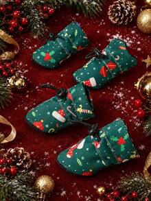 1 Set 4pcs Christmas Style Pet Shoes, Green Christmas Socks With Candy Print Fleece Lining Warm Boots, Adjustable Drawstring Non-Slip Christmas Shoes, Suitable For Small Dogs And Cats - Green - View 5