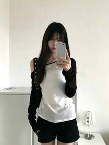 Atasan Rajut Lengan Panjang Wanita Model Bahu Terbuka, Desain Leher Bulat, Panjang Reguler Modis, Sweater Rajut Musim Gugur - Hitam - View 1