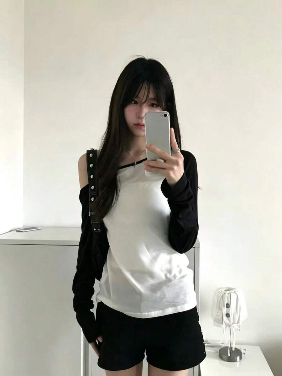 Atasan Rajut Lengan Panjang Wanita Model Bahu Terbuka, Desain Leher Bulat, Panjang Reguler Modis, Sweater Rajut Musim Gugur - Hitam - View 1