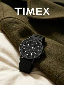 Timex Men's All Black Chronograph Watch, 3 Sub-Dials, Date Display, Tachymeter, Quartz Movement, Textured Silicone Strap, Street Racing Party, Gift For Husband And Friends - Black - View 3