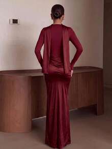 Solid Color Elegant Ruffled Wedding Formal Evening Party Dress With Stand Collar And Long Sleeves - Burgundy - View 4