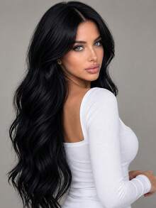 28 Inch Black Middle Part Wavy Curly Wig, Elegant Versatile Style Suitable For All Women's Daily Wear And Party Occasions. - Black - View 3