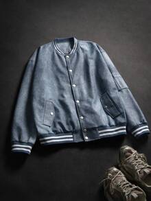 BLACKTOEXIT Men's Round Neck Denim Jacket, Casual Commute Versatile Pocket Baseball Jacket, Autumn/Winter - Baby Blue - View 9