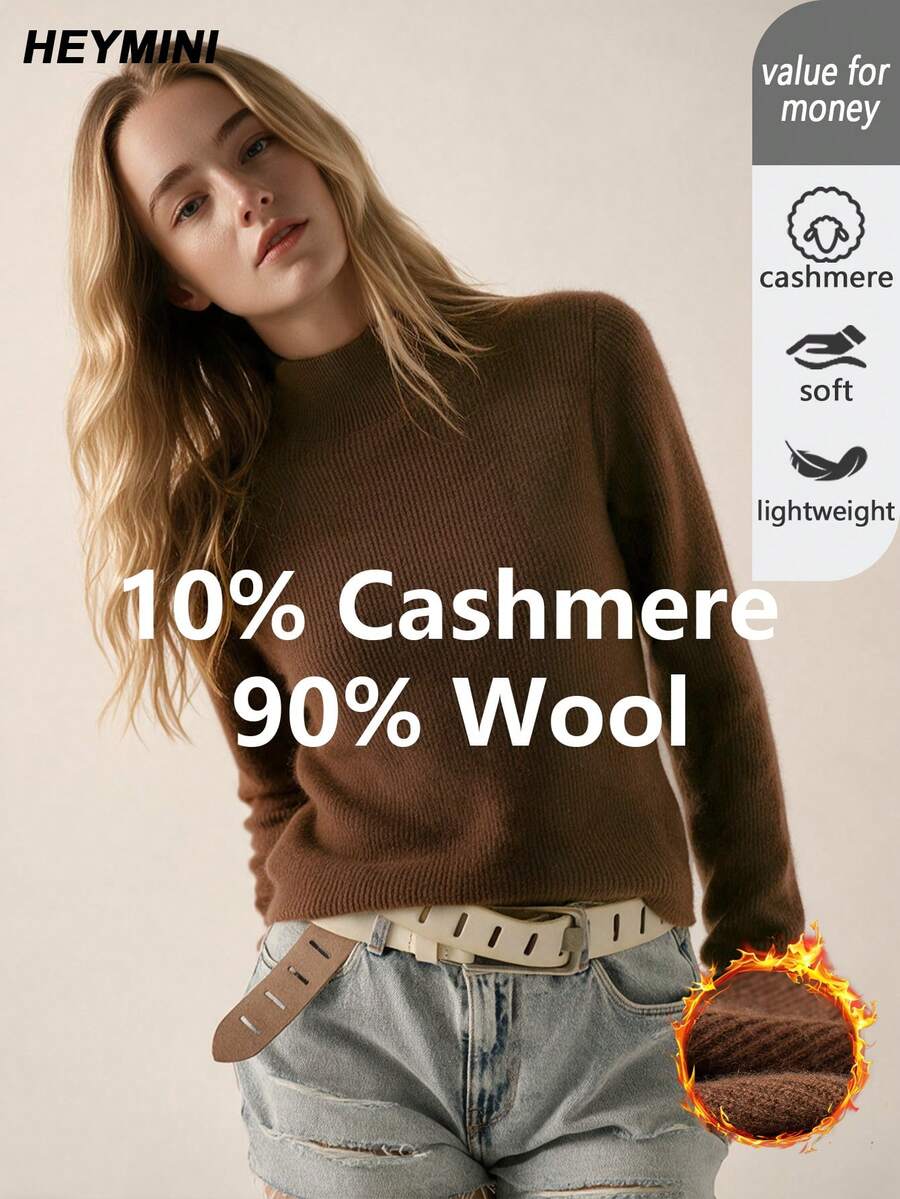 HEYMINI Fashionable Fake Collar Women's Wool Sweater, Slim Fit Long Sleeve Knit Pullover, Autumn/Winter Inner Layer Sweater, Brown Top - Brown - View 1