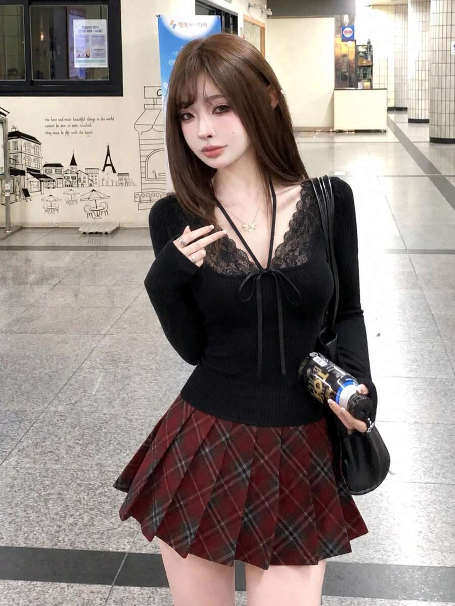 2026 Autumn/Winter New Pure Desire Style Lace Patchwork Halter Neck Knit Top, Sexy Ribbon Tie Slim Fit Flattering Long Sleeve T-Shirt - Black - View 1