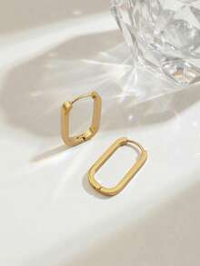 Minimalist Rectangular Hoop Earrings For Women Gold Tone Smooth Elongated Square Ear Rings Thick High Polish Geometric Flat Top Statement Jewelry Gift - Oval - View 11