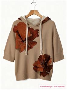 ASHKATIA Women's Plus Size Knitted Hoodie With Drawstring, Vintage Floral Print, Bohemian Style Layered Look, Three-Quarter Sleeves - Multicolor - View 4
