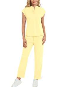 Solid Color Notch V-Neck Cap Sleeve Top And Pants Scrub Set 2 Pieces - Yellow - View 3