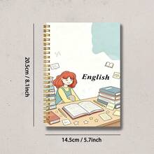 دفتر ملاحظات سلكي A5 بموضوع إنجليزي، غلاف صلب بتصميم فتاة تتعلم مع كومة كتب ورسومات خربشة، دفتر يوميات بأسلاك ذهبية جمالية، قرطاسية لتعلم اللغة الإنجليزية، هدية لكتابة ملاحظات الطلاب - بسيط - مشاهدة 3