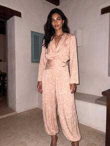 Dancing Leopard Beige Snake Print Jacquard Wrap Jumpsuit, Special Occasion Wear - Multicolor - View 1
