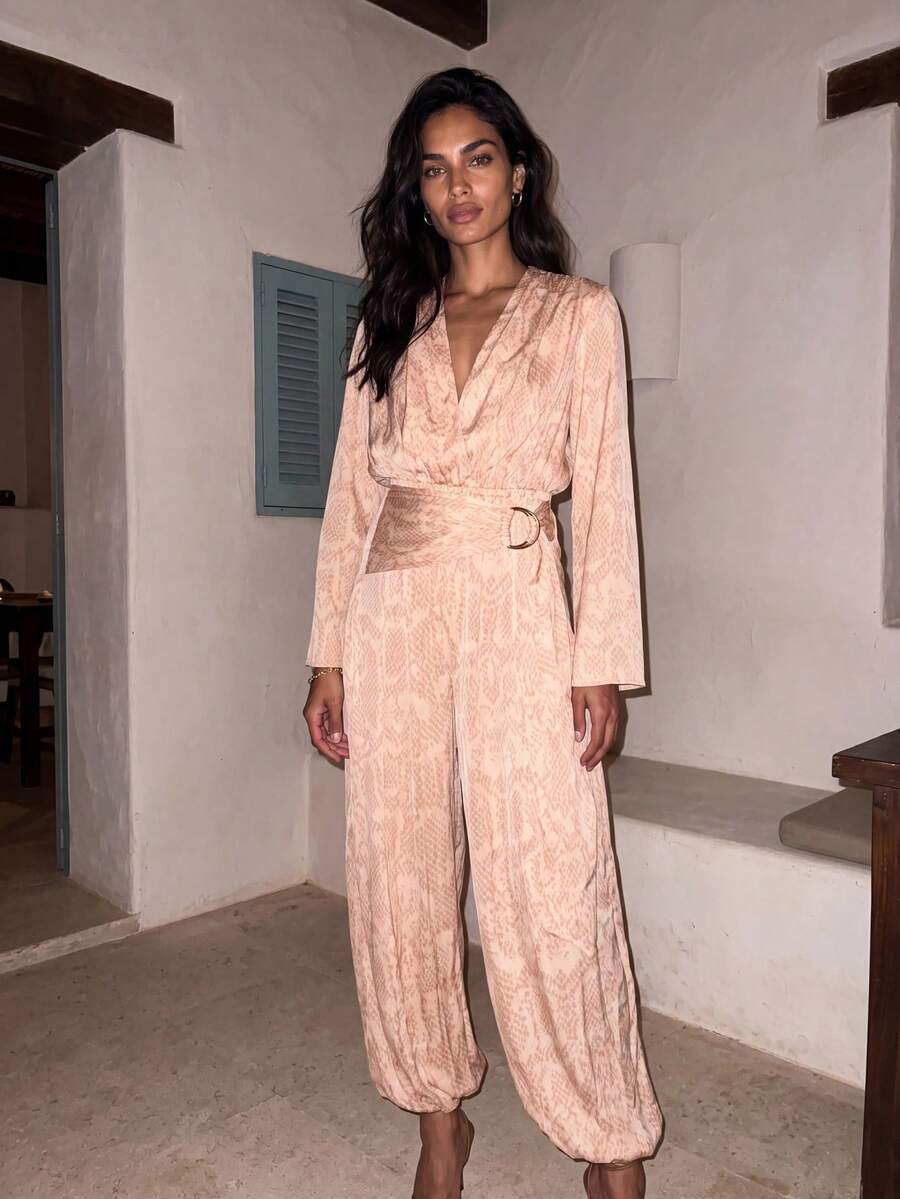 Dancing Leopard Beige Snake Print Jacquard Wrap Jumpsuit, Special Occasion Wear - Multicolor - View 1