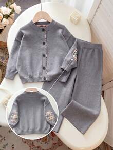 2pcs/Set Girls' Simple Plaid Patchwork Round Neck Single-Breasted Long Sleeve Knit Cardigan And Wide Leg Knit Pants, Casual School Style Outfit For Daily Wear, Spring, Autumn, Winter - Grey - View 1