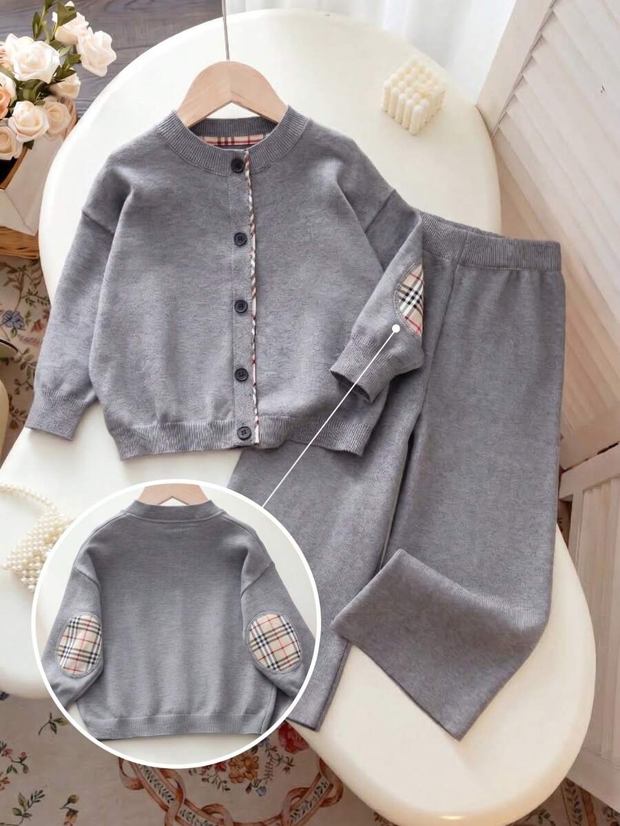 2pcs/Set Girls' Simple Plaid Patchwork Round Neck Single-Breasted Long Sleeve Knit Cardigan And Wide Leg Knit Pants, Casual School Style Outfit For Daily Wear, Spring, Autumn, Winter - Grey - View 1