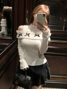 Apricot Lace Patchwork Bow Long Sleeve Knit Sweater Women Autumn/Winter Gentle Style Slim Fit Base Layer Top - Apricot - View 7