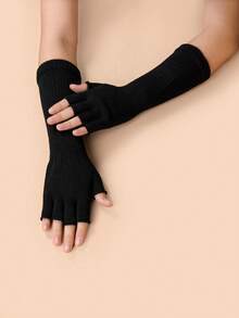 1 Pair Women's Open Finger Knitted Warm Solid Color Casual Performance Gloves Student Writing Long Arm Sleeves - A - View 5