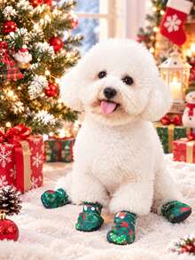1 Set 4pcs Christmas Style Pet Shoes, Green Christmas Fruit Print Fleece Lining Warm Boots, Adjustable Hook & Loop Non-Slip Christmas Shoes, Suitable For Small Dogs And Cats - Green - View 4