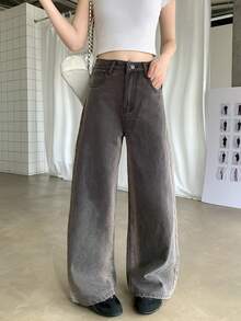 Solid Color Button Pocket Zipper Denim Long Pants - Grey - View 2