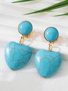 1Pair Fashionable Oval Turquoise Ear Clips, Geometric Personalized Clip On Earrings For Women No Pierced Ears - Turquoise - View 17
