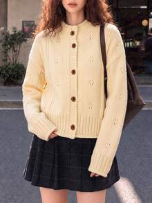 Women's Autumn Casual Gentle Minimalist Elegant Crew Neck Knit Cardigan - Yellow - View 4