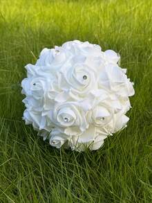 White Artificial Rose Bridal Bouquet, Rhinestone Decorated Satin Bow Long Ribbon Wedding Bouquet, Suitable For Bride Wedding Ceremony Party Decoration - Multicolor - View 6